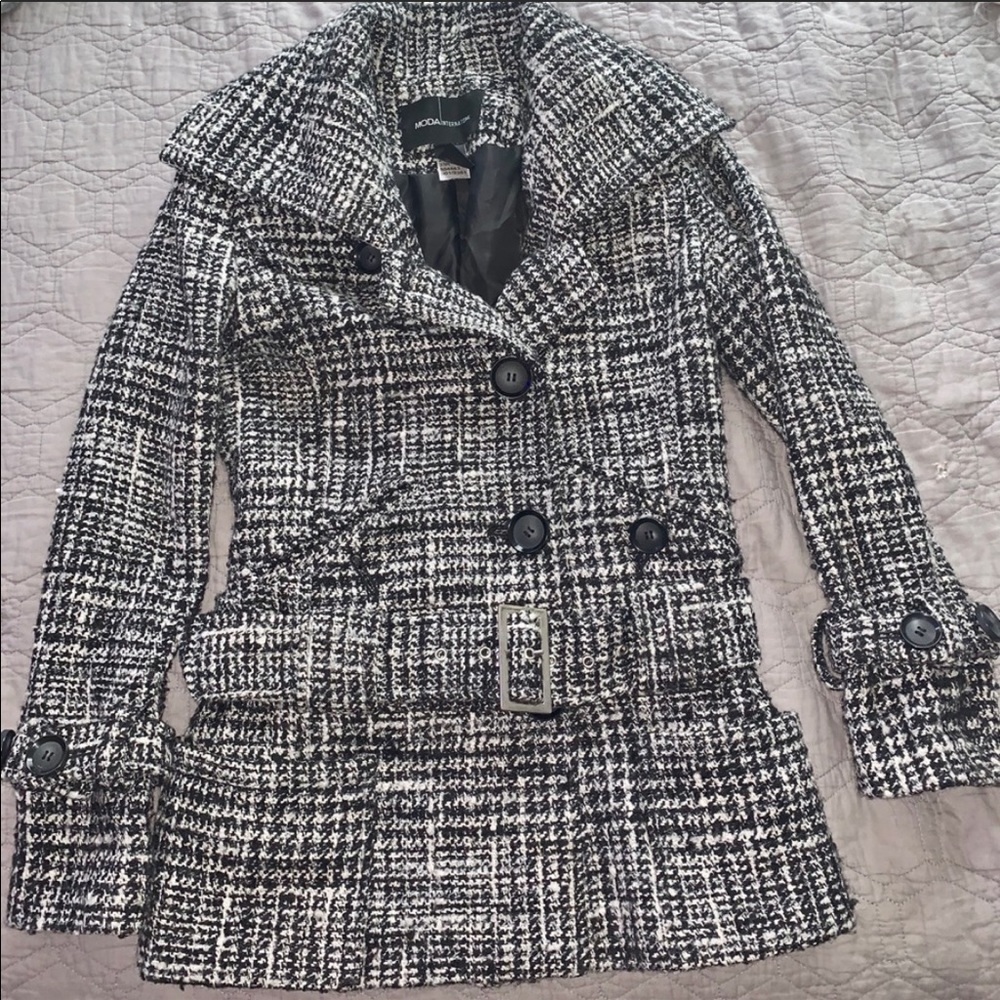 Black and white tweed belted pea coat